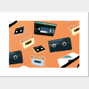 Analog orange background vintage VHS cassette tape old media Posters and Art